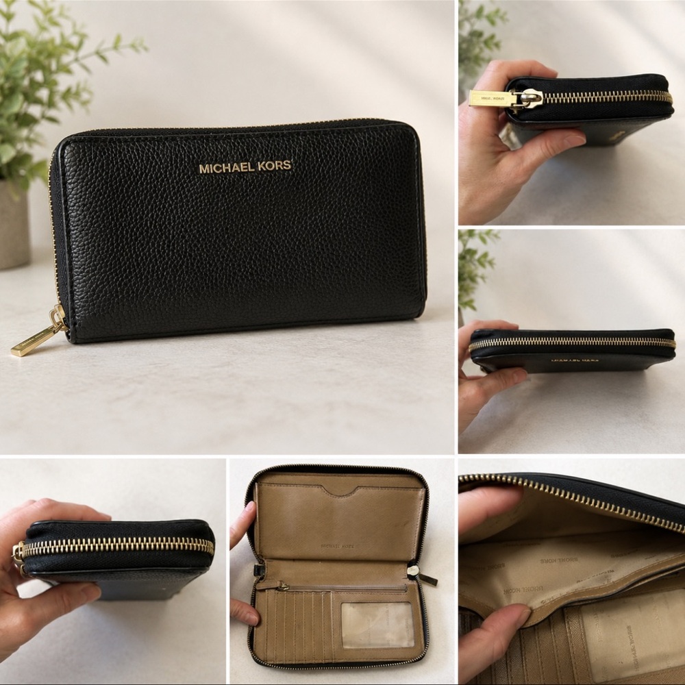 Michael Kors Black Pebbled Zip Around Wallet Gold Hardware